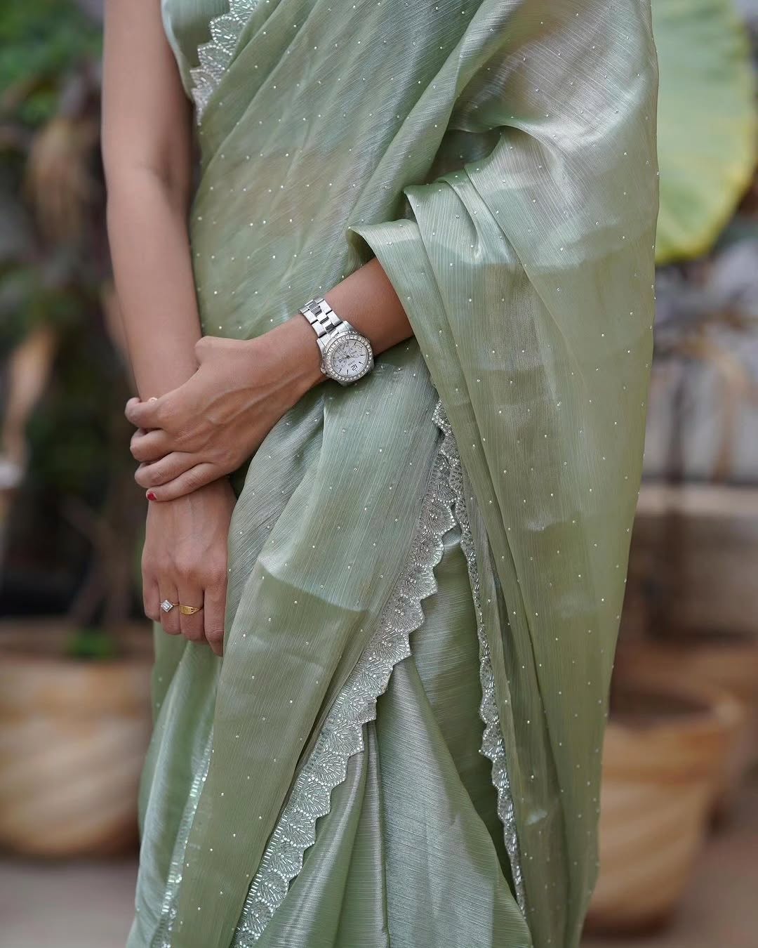 Pista Green Burberry Silk Saree ✨