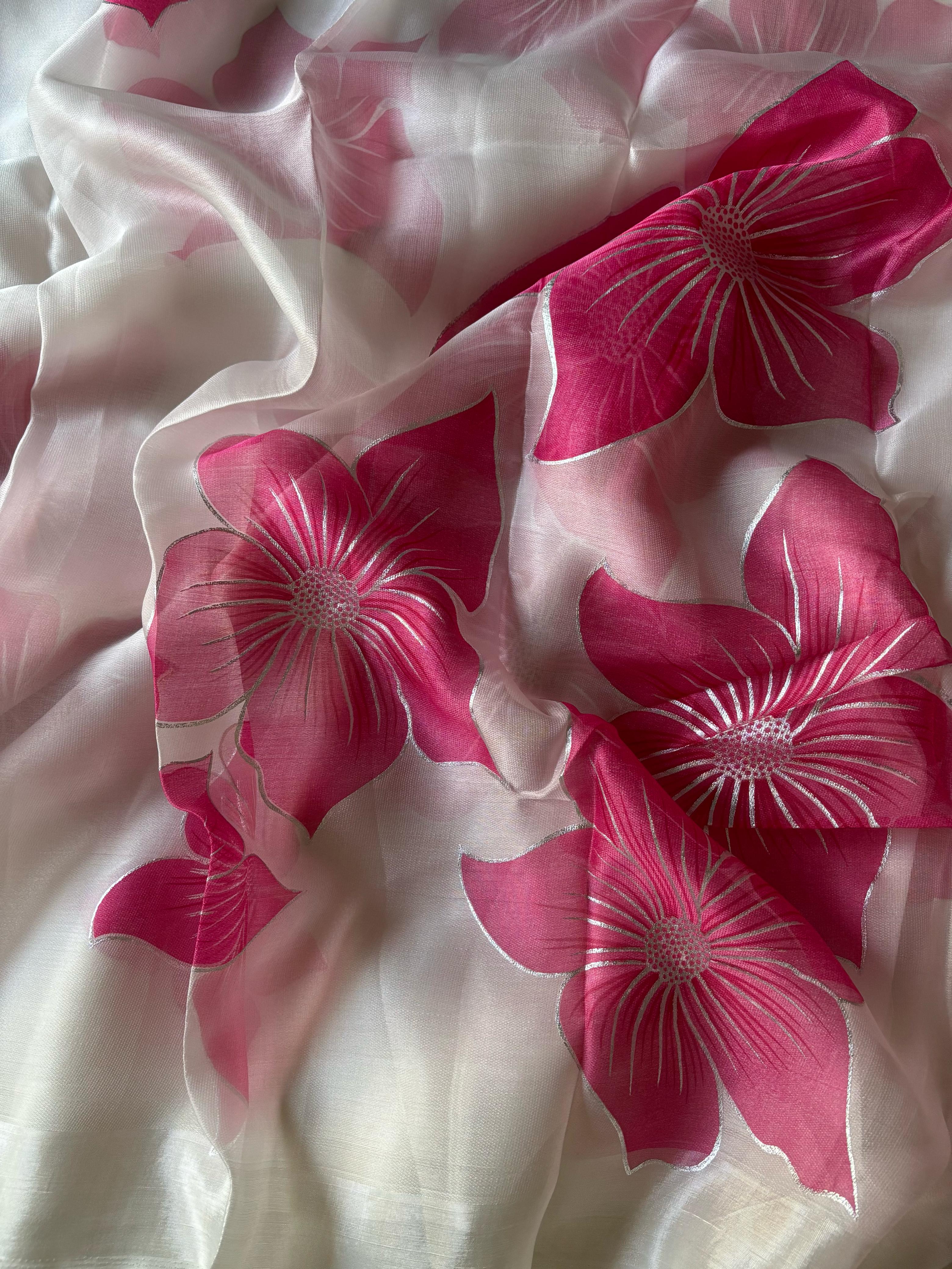 Jute fabric with flower print work (Unstitched Blouse)