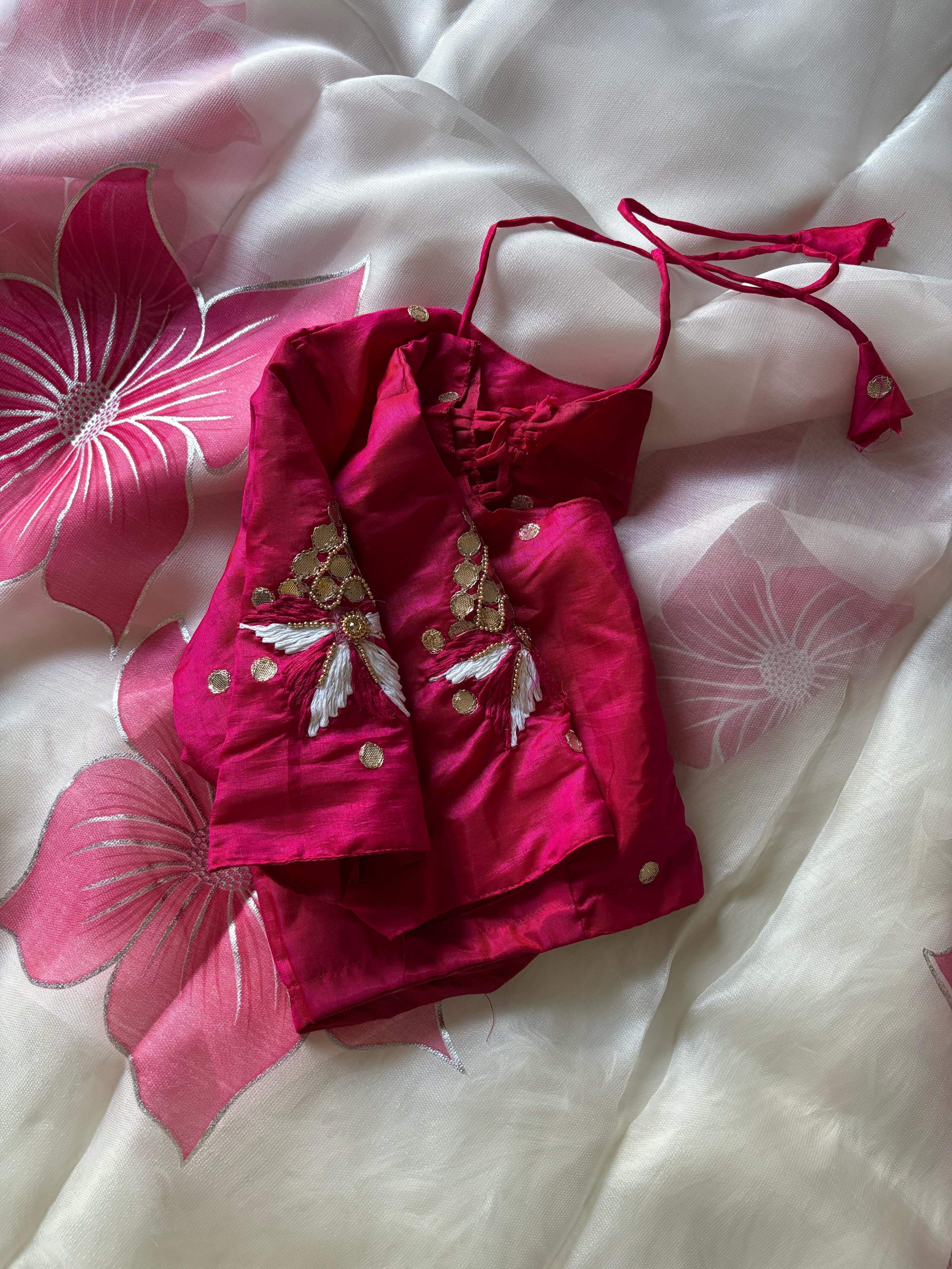 Jute fabric with flower print work (Unstitched Blouse)