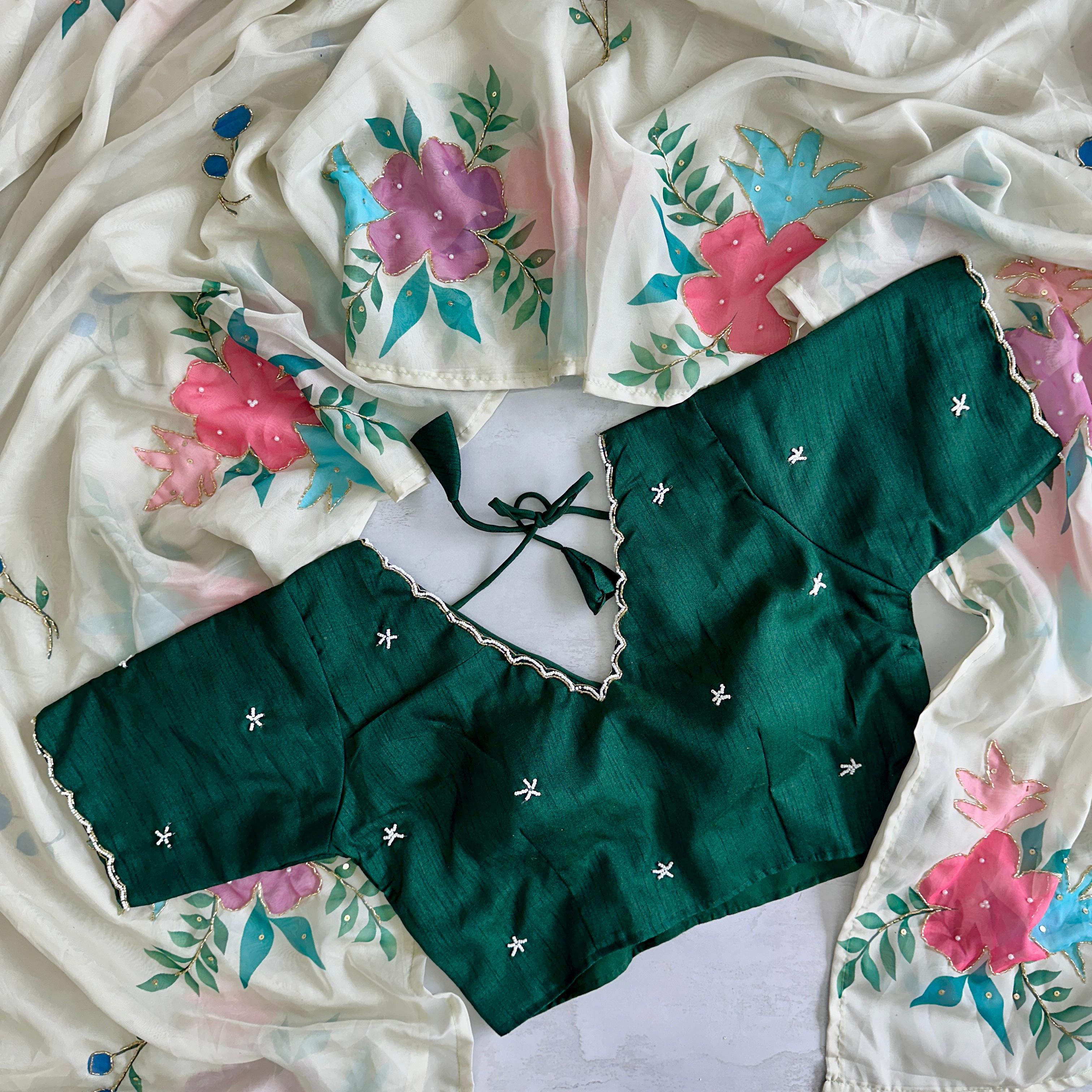 Soft organza saree with beautiful handcrafted work - stitched Blouse ✨