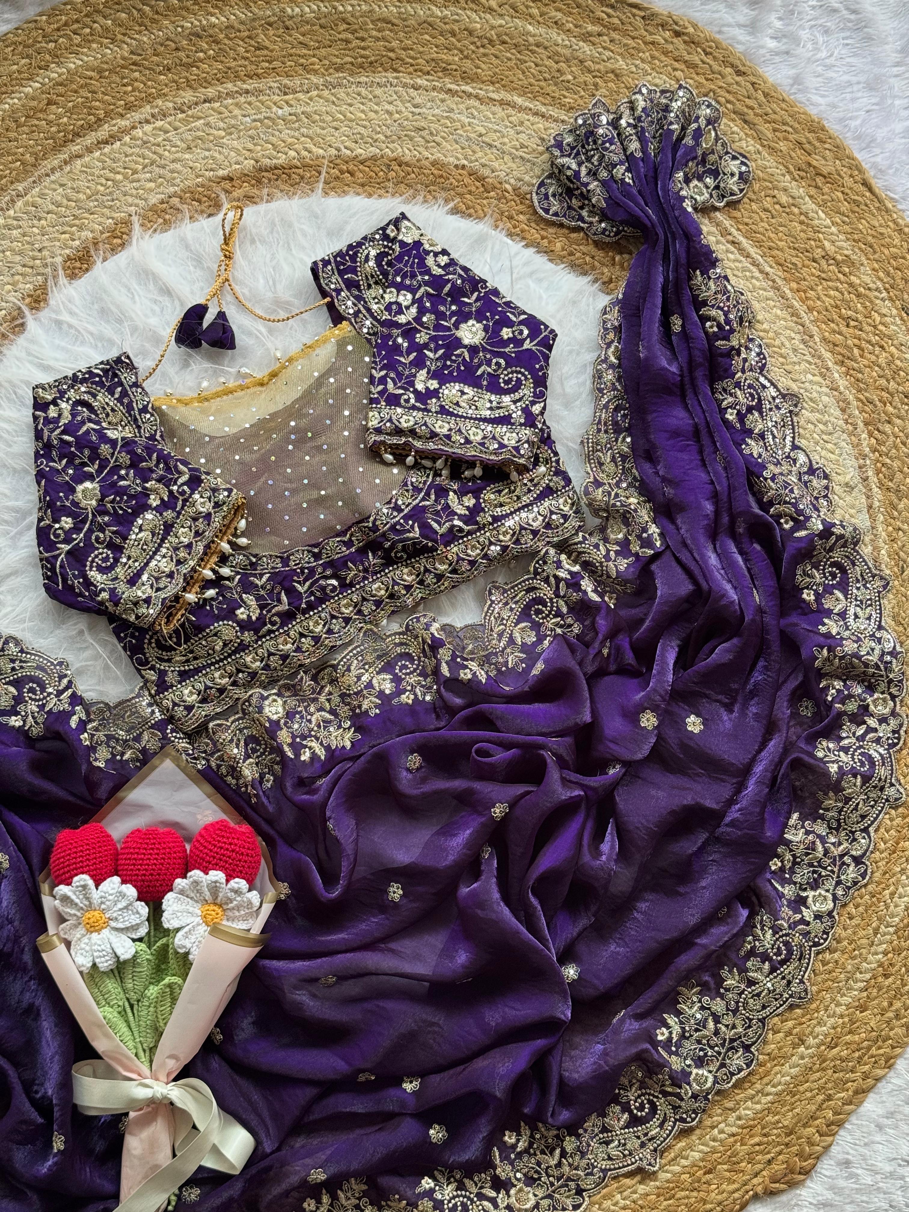 Lily -Fendy Satin Thread Embroidery Saree ✨