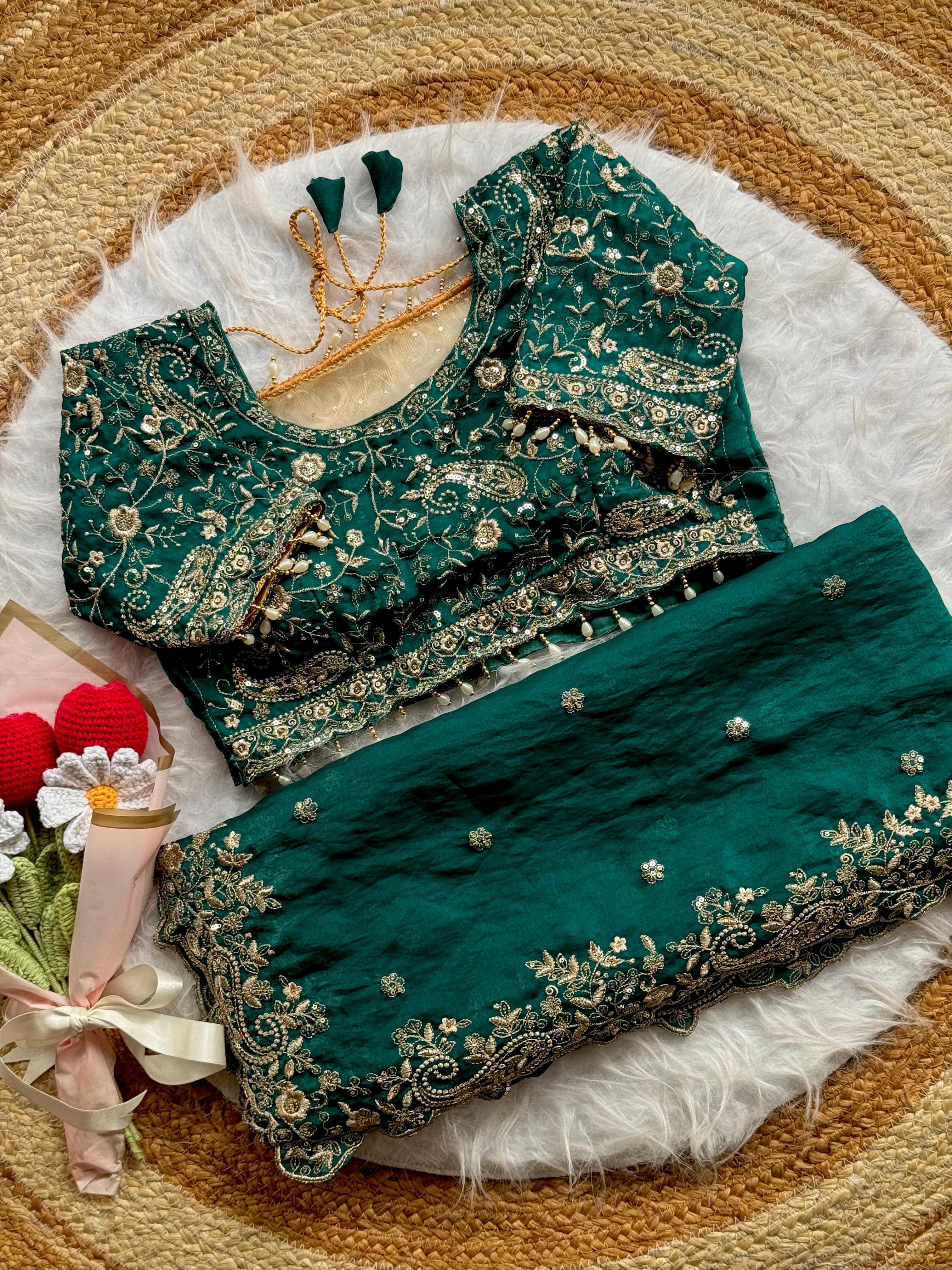 Lily -Fendy Satin Thread Embroidery Saree ✨