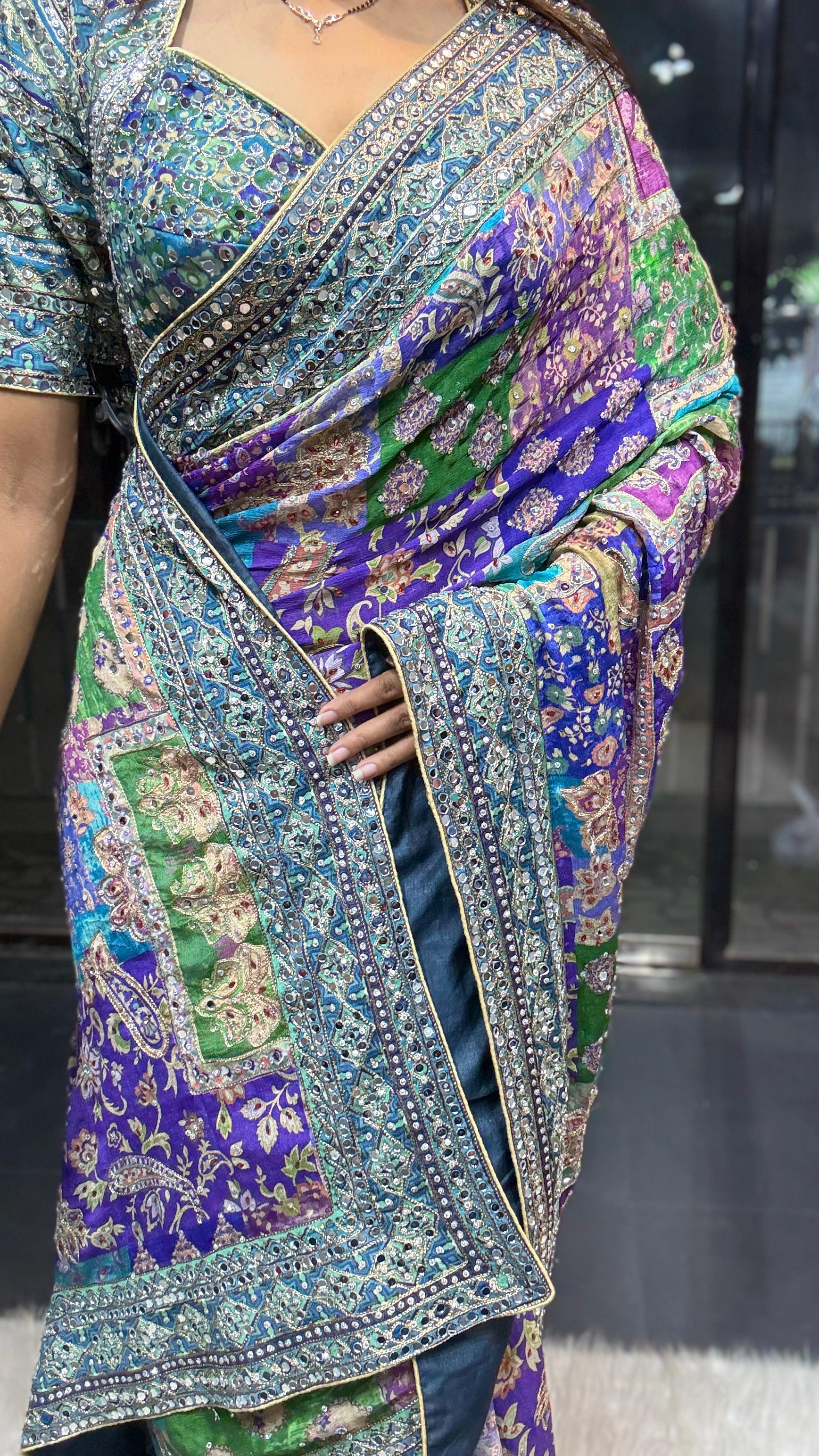 Chinnon crepe position hand embroidery mirror work saree ✨