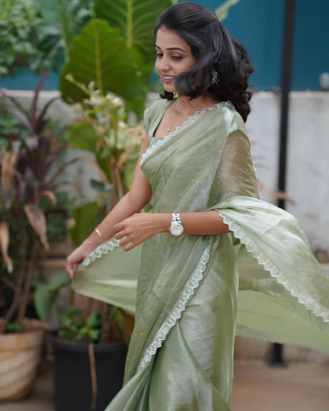 Pista Green Burberry Silk Saree ✨