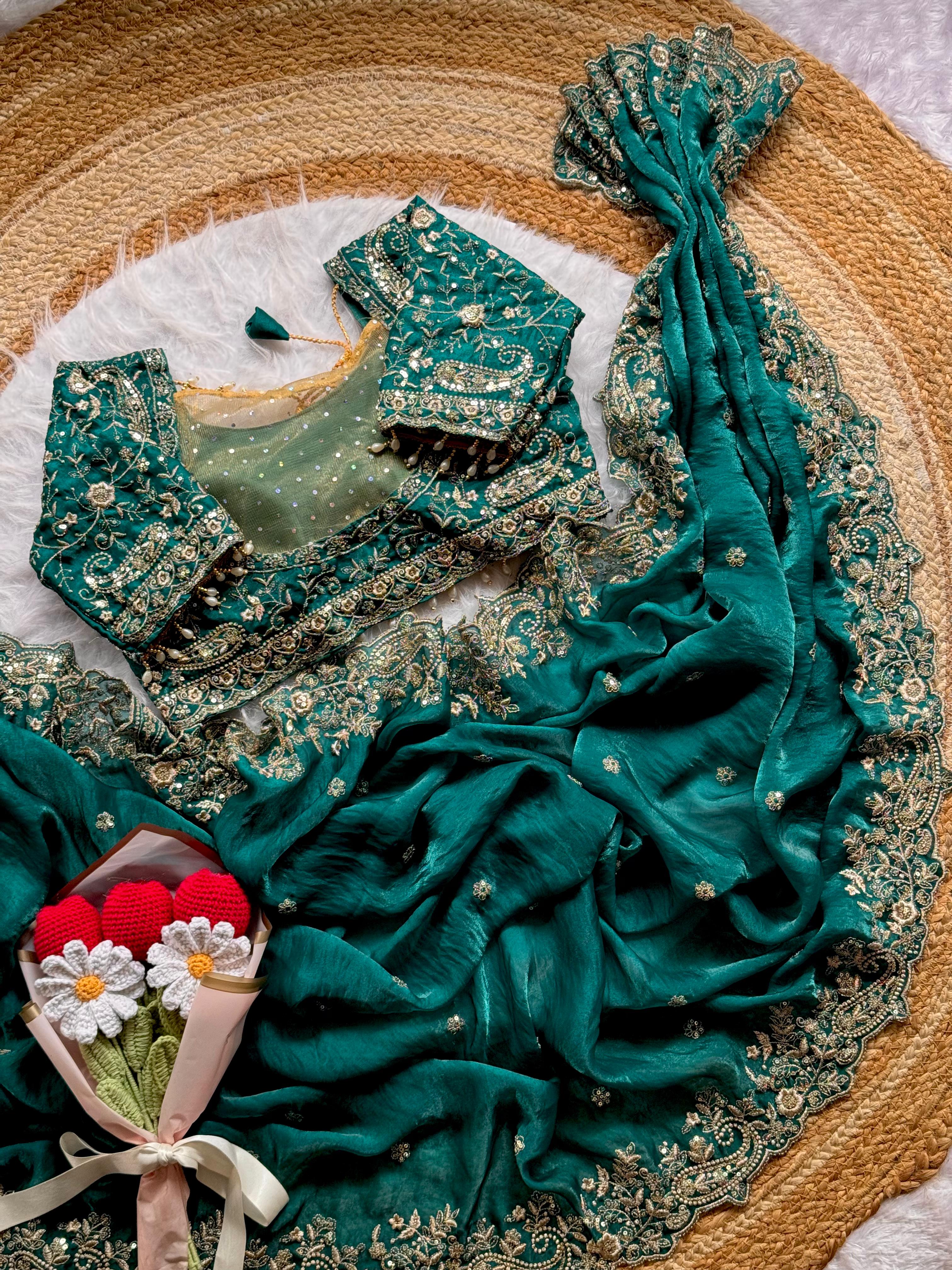 Lily -Fendy Satin Thread Embroidery Saree ✨