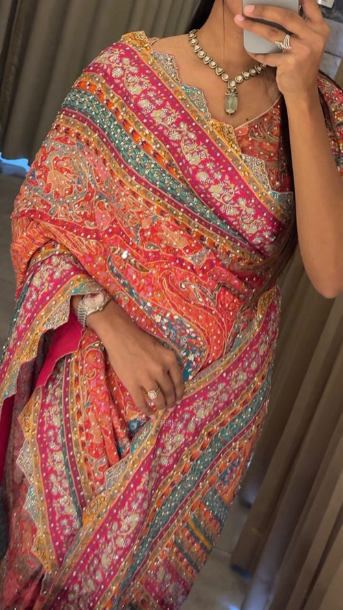 Chinnon crepe position hand embroidery work saree ✨