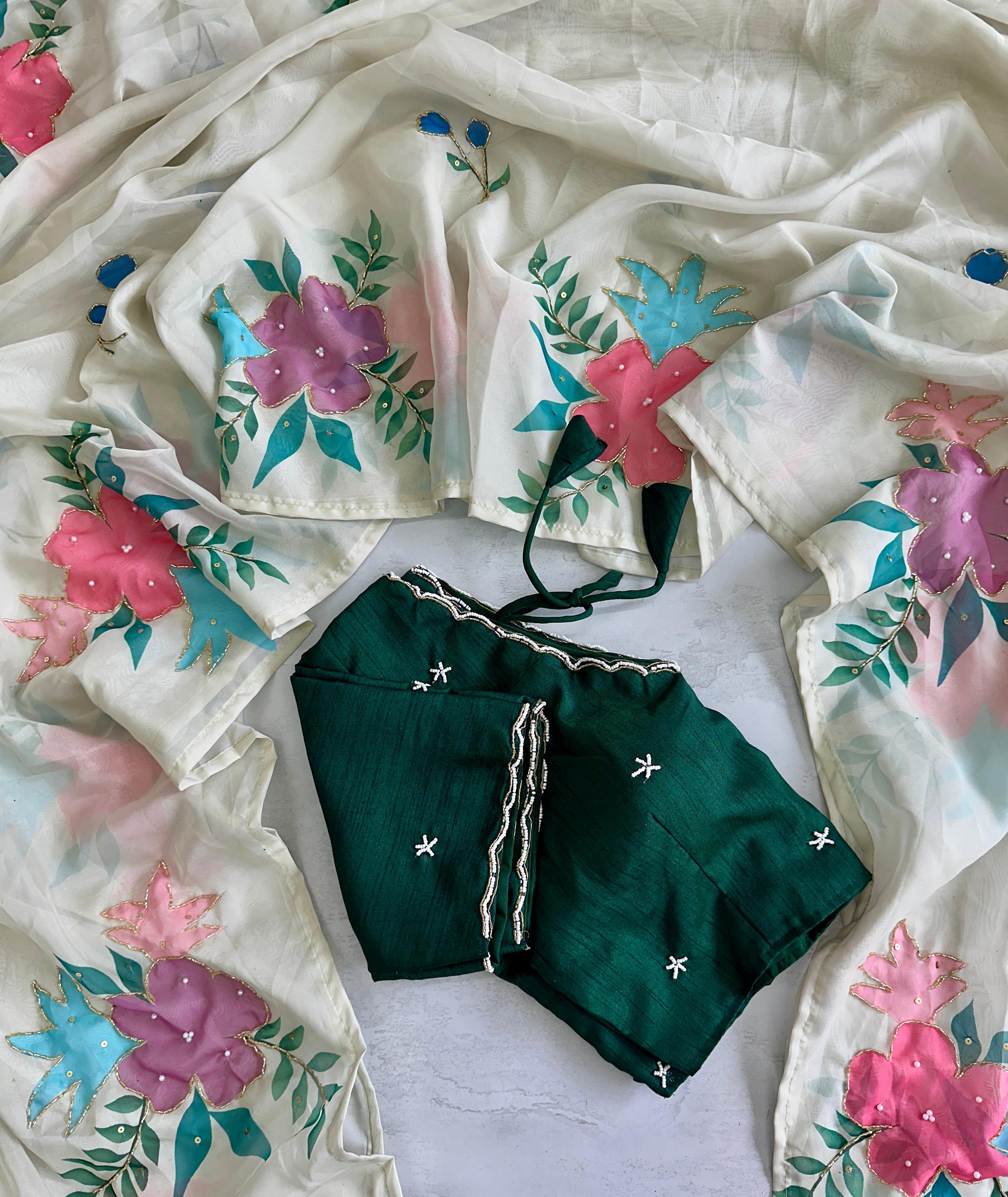 Soft organza saree with beautiful handcrafted work - stitched Blouse ✨