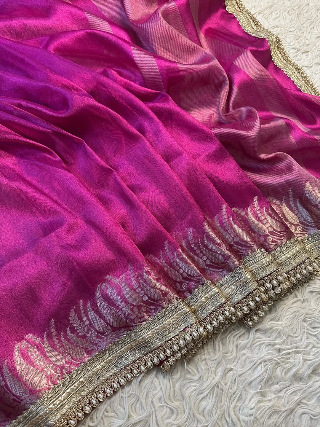 Banarasi Tissue saree with Pearl lace Work border