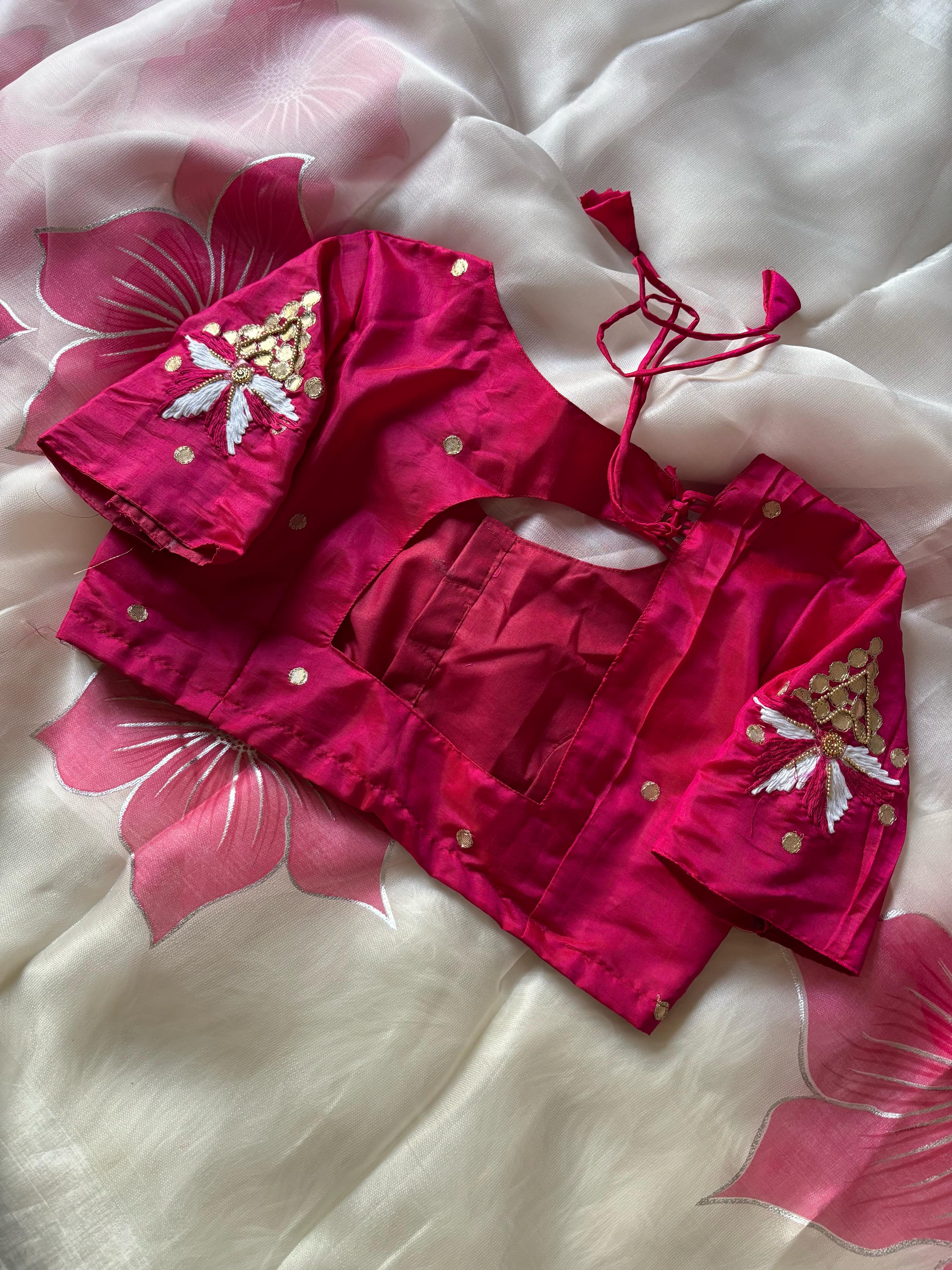 Jute fabric with flower print work (Unstitched Blouse)