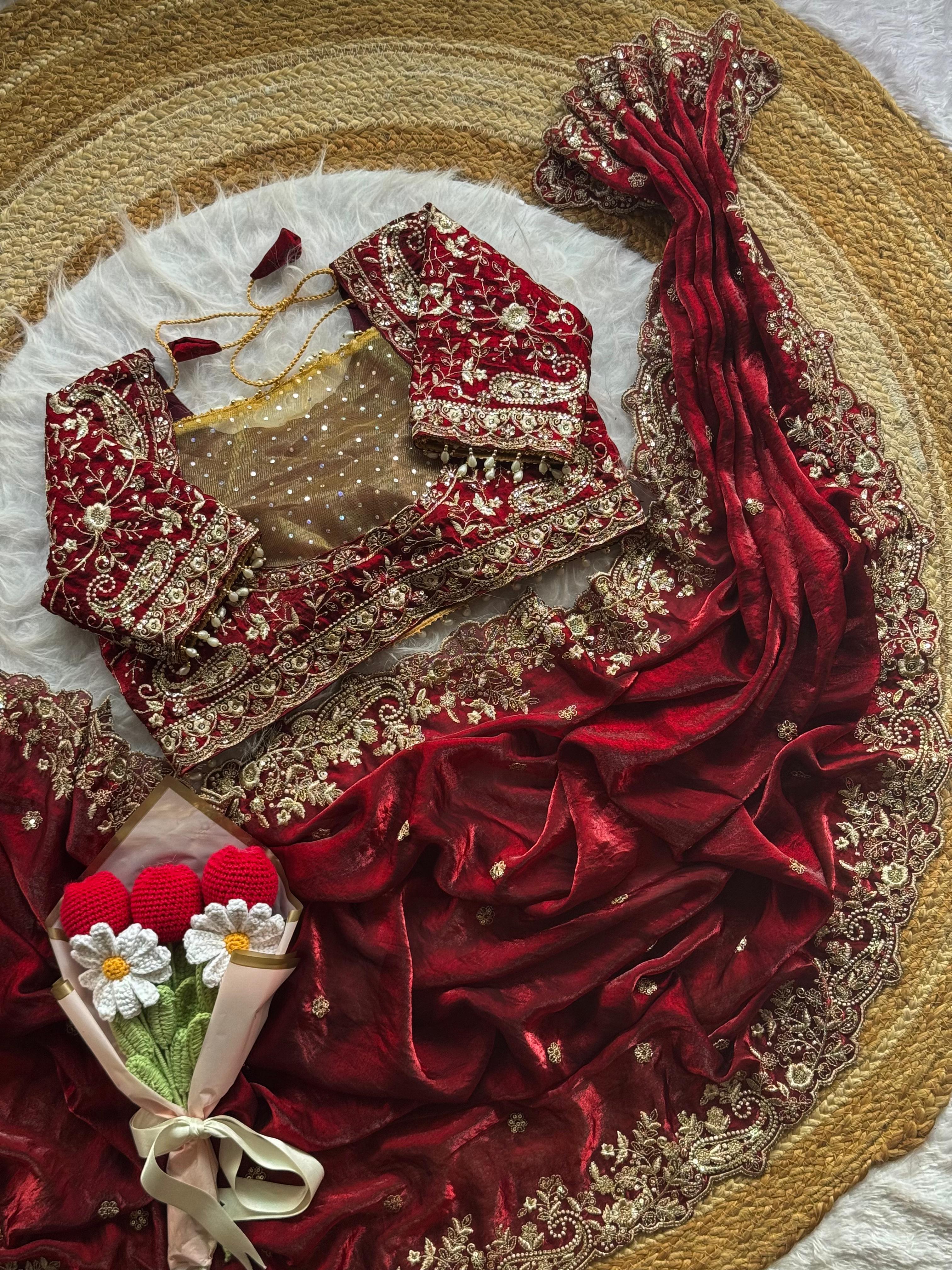 Lily -Fendy Satin Thread Embroidery Saree ✨
