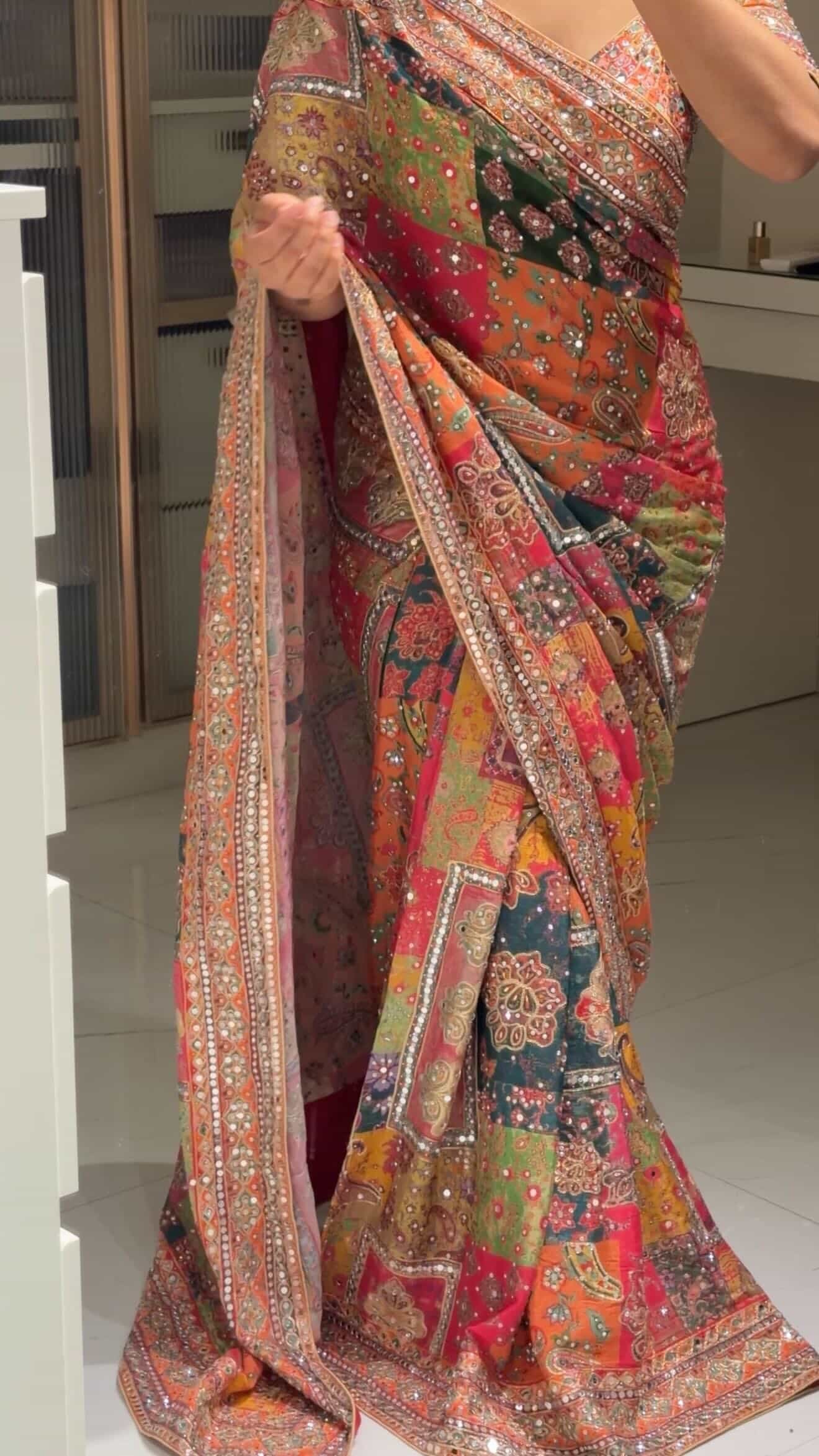 Chinnon crepe position hand embroidery mirror work saree ✨