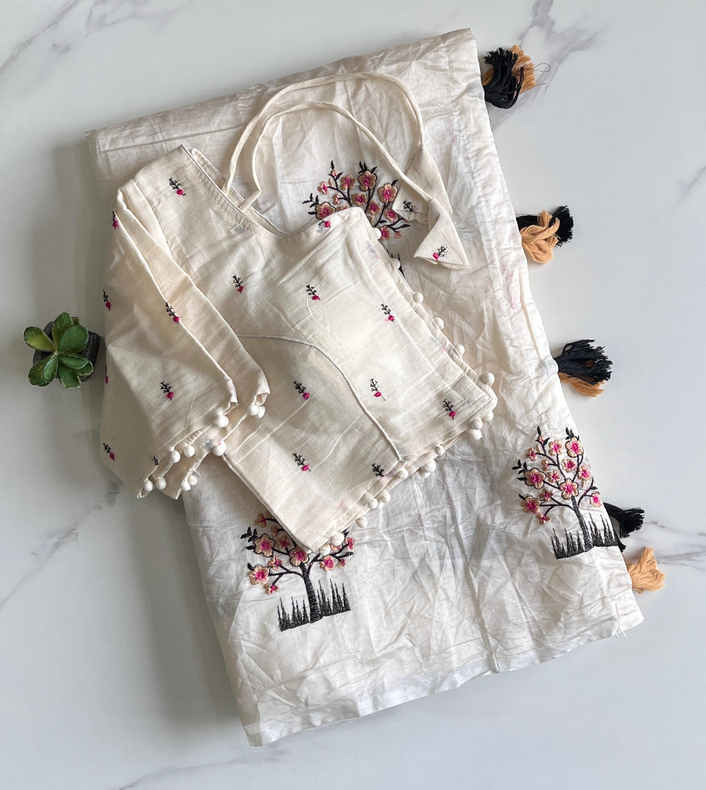 Chanderi Embroidery Saree with Cotton Stitched Blouse