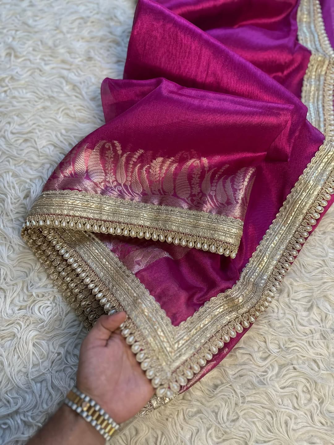 Banarasi Tissue saree with Pearl lace Work border