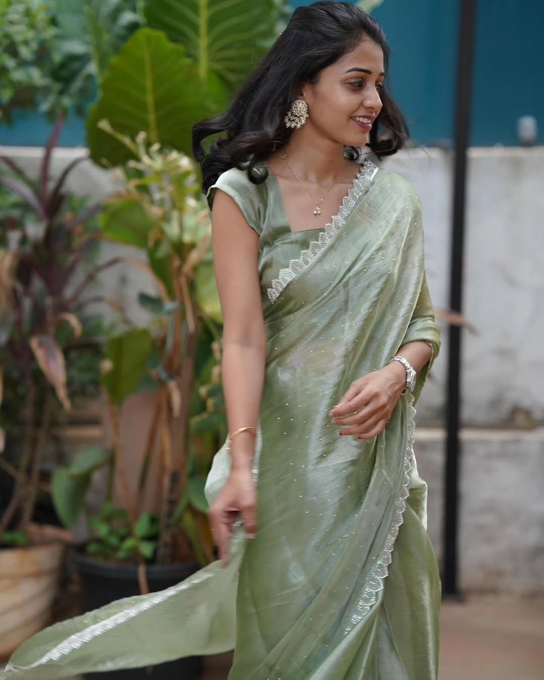 Pista Green Burberry Silk Saree ✨