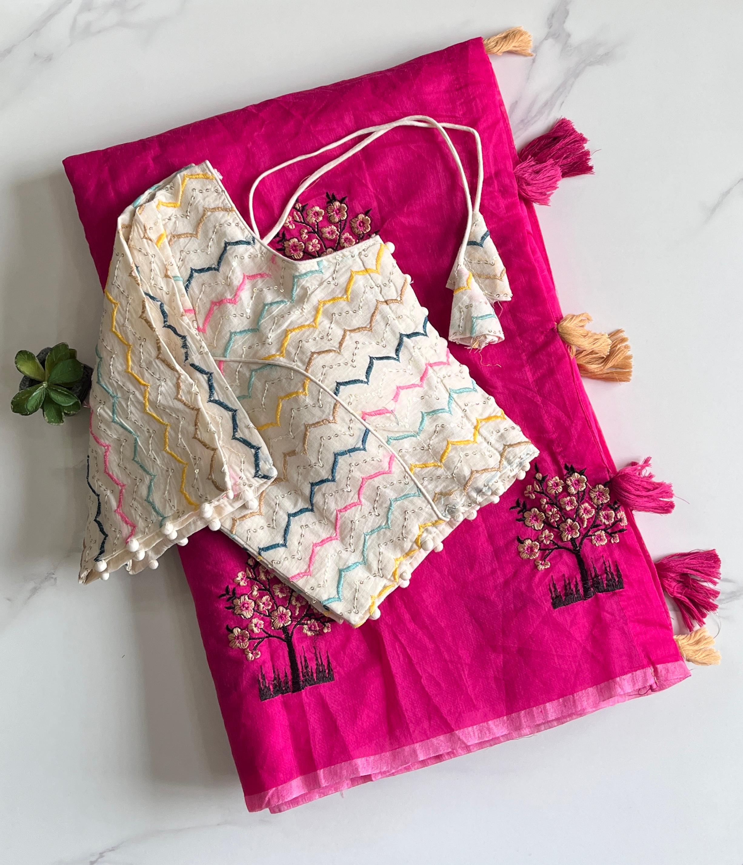 Chanderi Embroidery Saree with Cotton Stitched Blouse