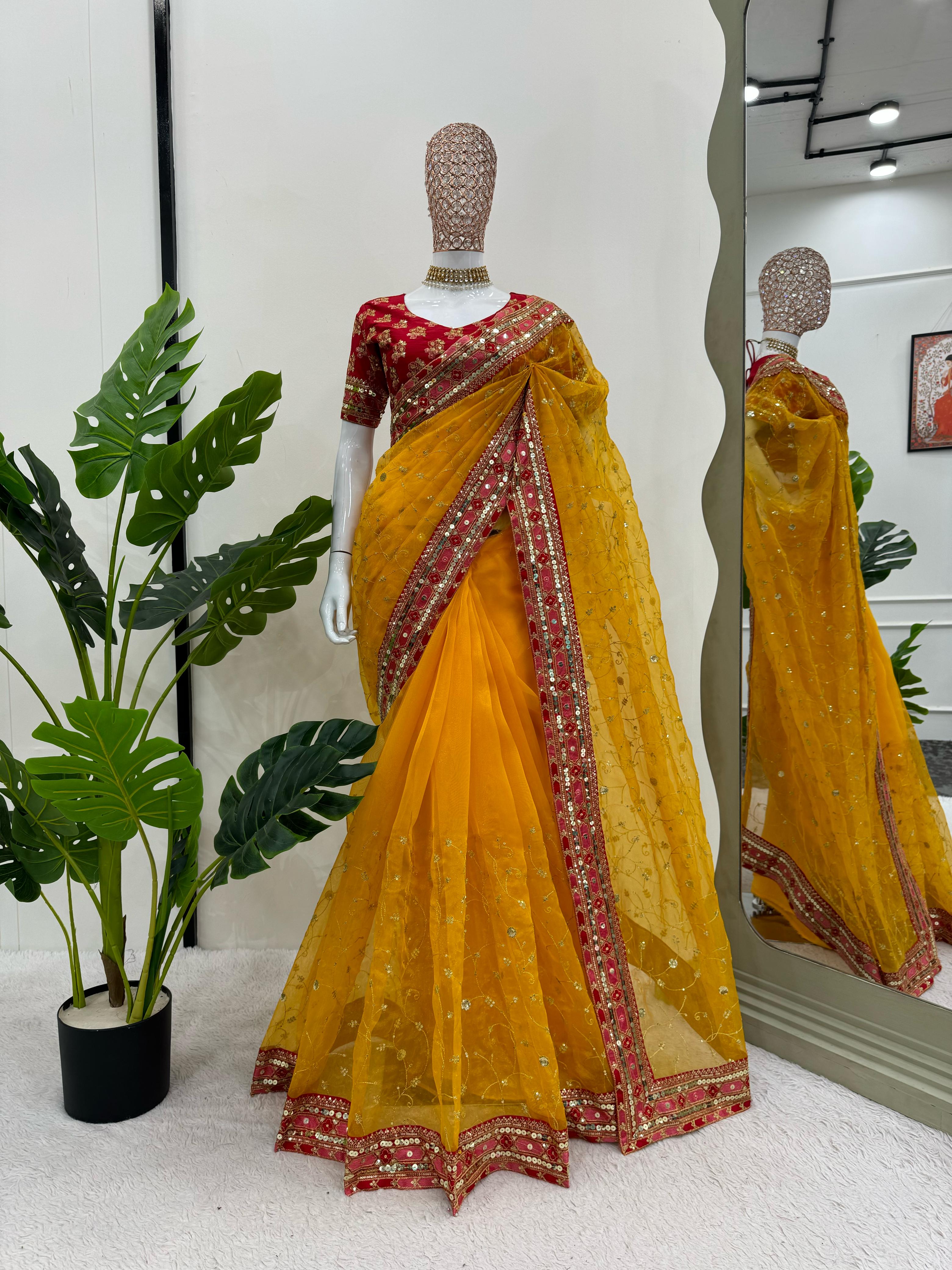Yellow Designer Organza Silk Saree 💛