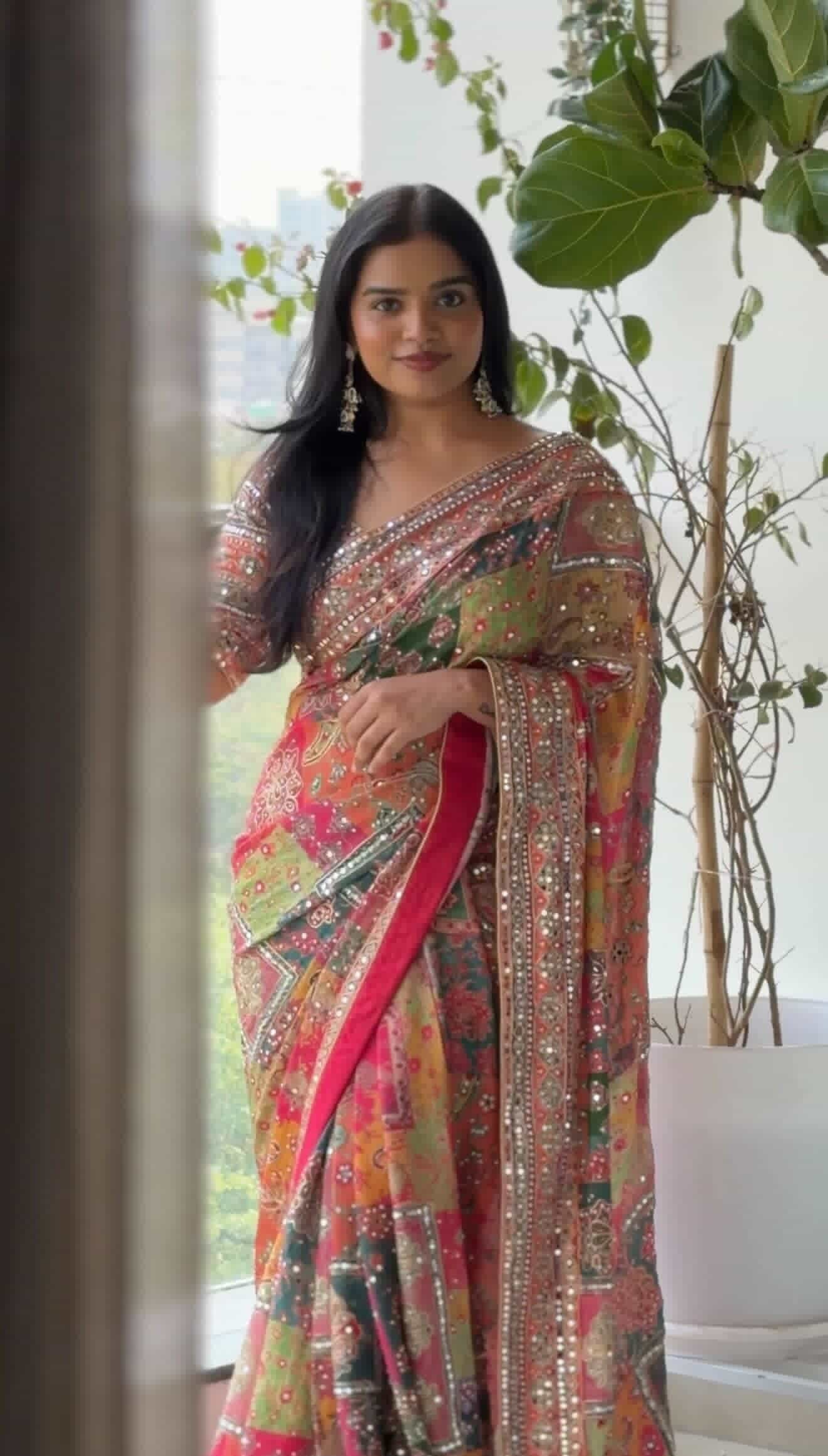 Chinnon crepe position hand embroidery mirror work saree ✨