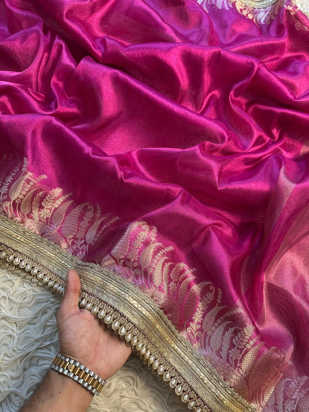 Banarasi Tissue saree with Pearl lace Work border