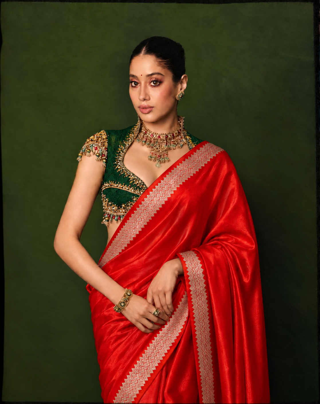 Celeb inspired saree with raw silk work blouse