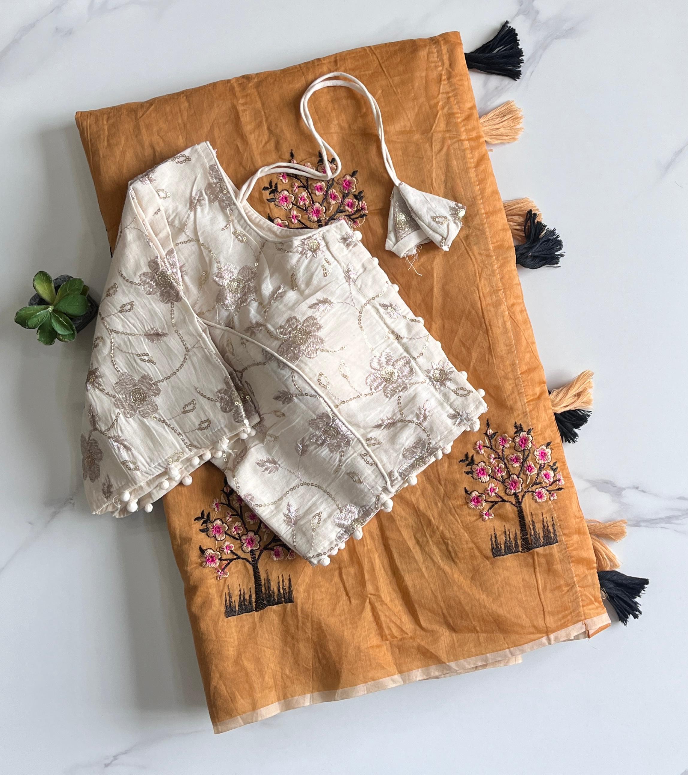 Chanderi Embroidery Saree with Cotton Stitched Blouse