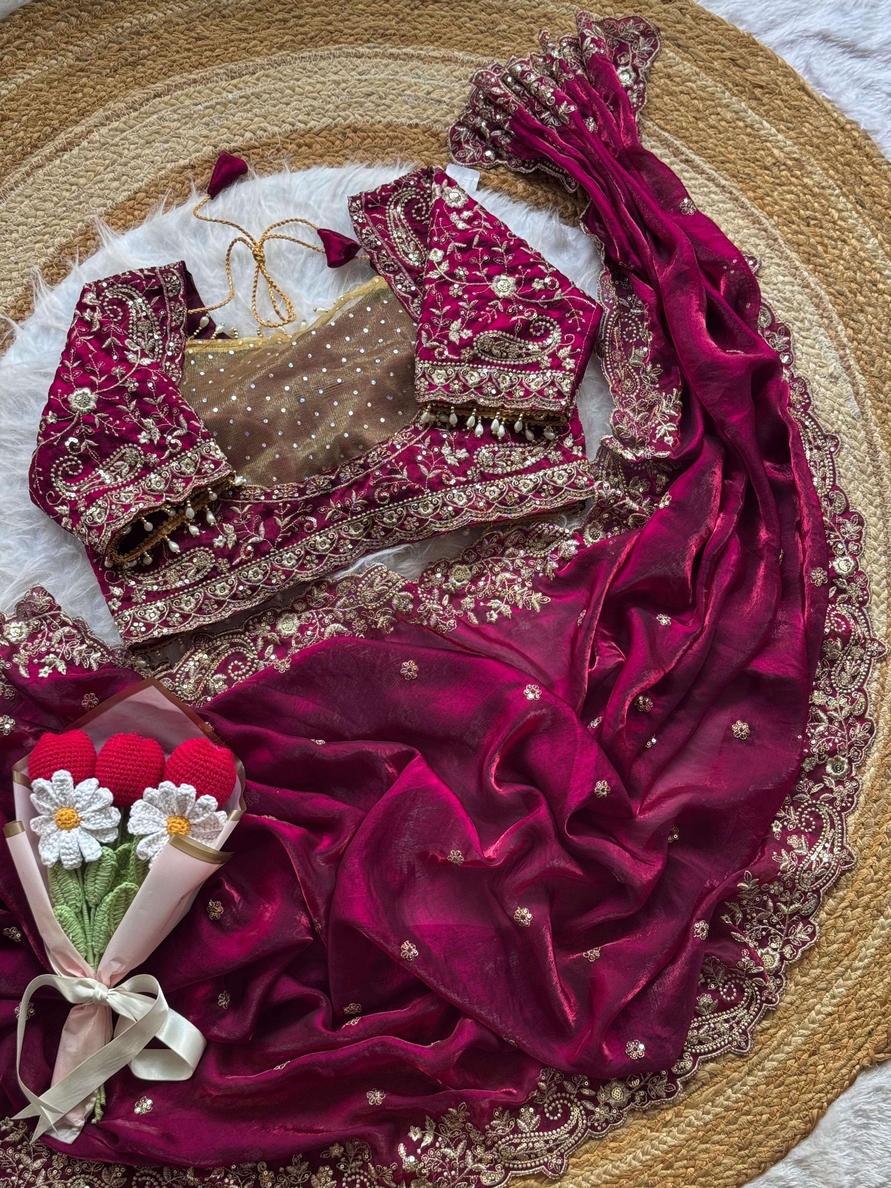 Lily -Fendy Satin Thread Embroidery Saree ✨