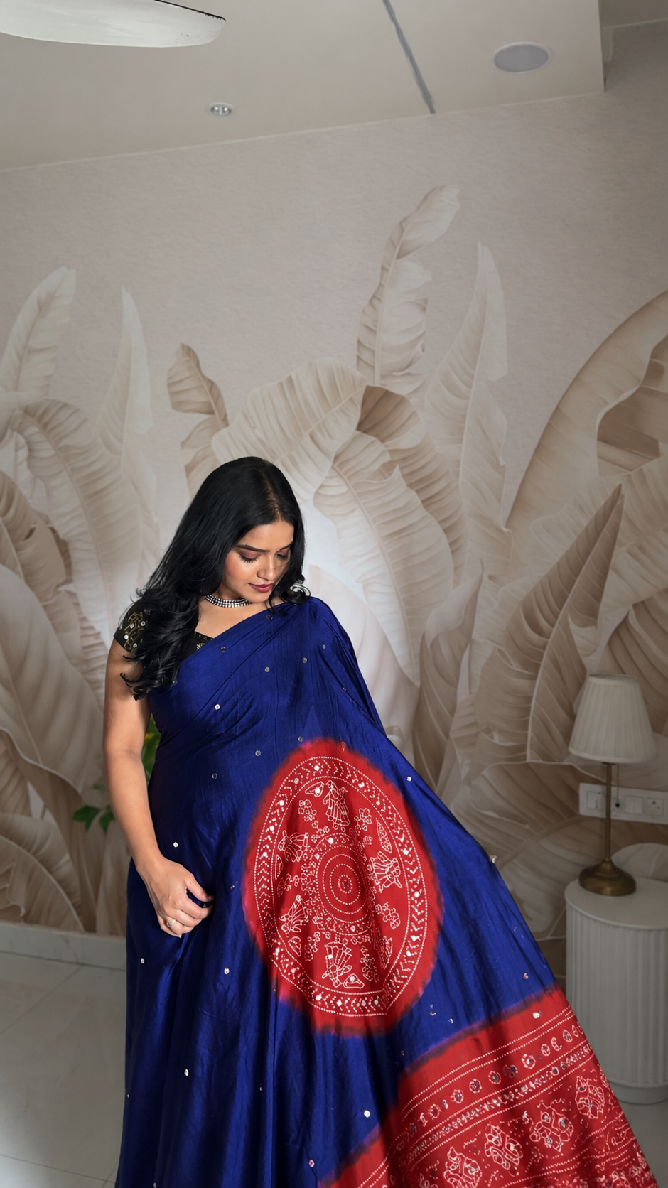Ajrakh Modal Silk mirror work saree ✨
