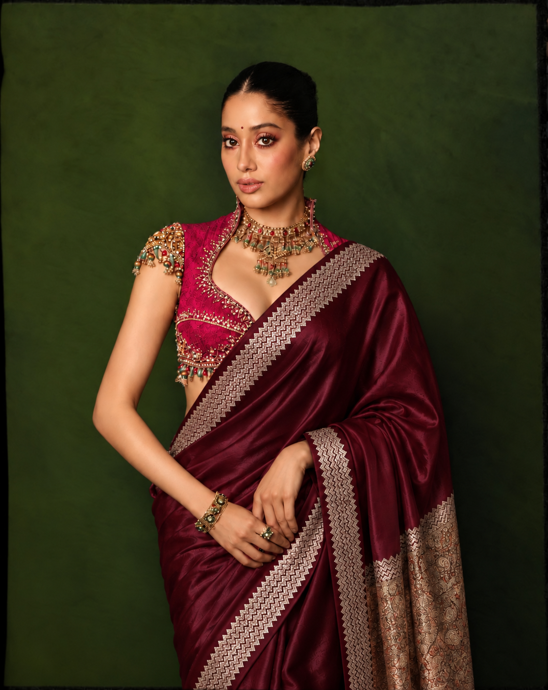 Celeb inspired saree with raw silk work blouse